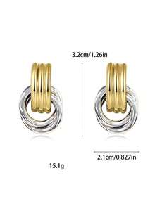 2pcs 18K Gold Plated Stainless Steel Colorblock Knot Design Chunky Jewelry Bohemian Style Hoop Earrings For Women - Two-tone Gold - View 10