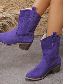 2025新款复古波西米亚刺绣装饰秋冬西部靴，百搭优雅蓝色个性化户外街头风格靴