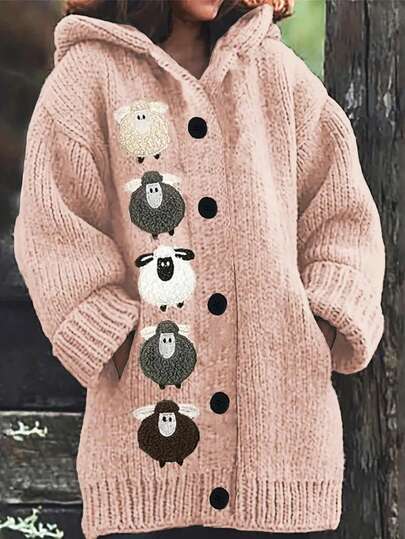 Plus Size Women Elegant Casual Animal Print Hooded Knitted Cardigan, Chic And Refined Style For Commuting, Long Sleeve, Autumn/Winter