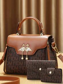 Fashion Letter Color Block Shoulder Bag & Handbag Set For Women - Coffee - View 8