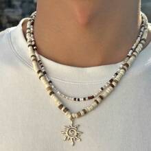2pcs Coconut Shell Beaded Necklace, Layered Sun Pendant Choker Necklace For Men And Women, High-End Streetwear, Daily Summer Style, Couples Necklace