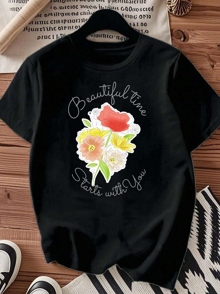 One piece shirts summer tops cotton  clothes women camisas de mujer lindas Camiseta de algodón negro blanca 180gestampado floral Beautiful time starts with youimpresión de alta calidadcuello redondocorte básico holgado hombres y mujeres transpirable versátil lavable a máquina cómoda talla S ~ 3XL diario casual deportes imprescindible para el verano - Negro - Ver 1