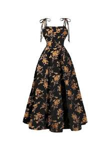 Elegant Y2K Floral Midi Dress For Women - Blue With White Flowers, Off Shoulder Design, Tie-Up Straps, A-Line Silhouette, Polyester, Machine Washable - Perfect For Summer - Màu vàng - Xem 1