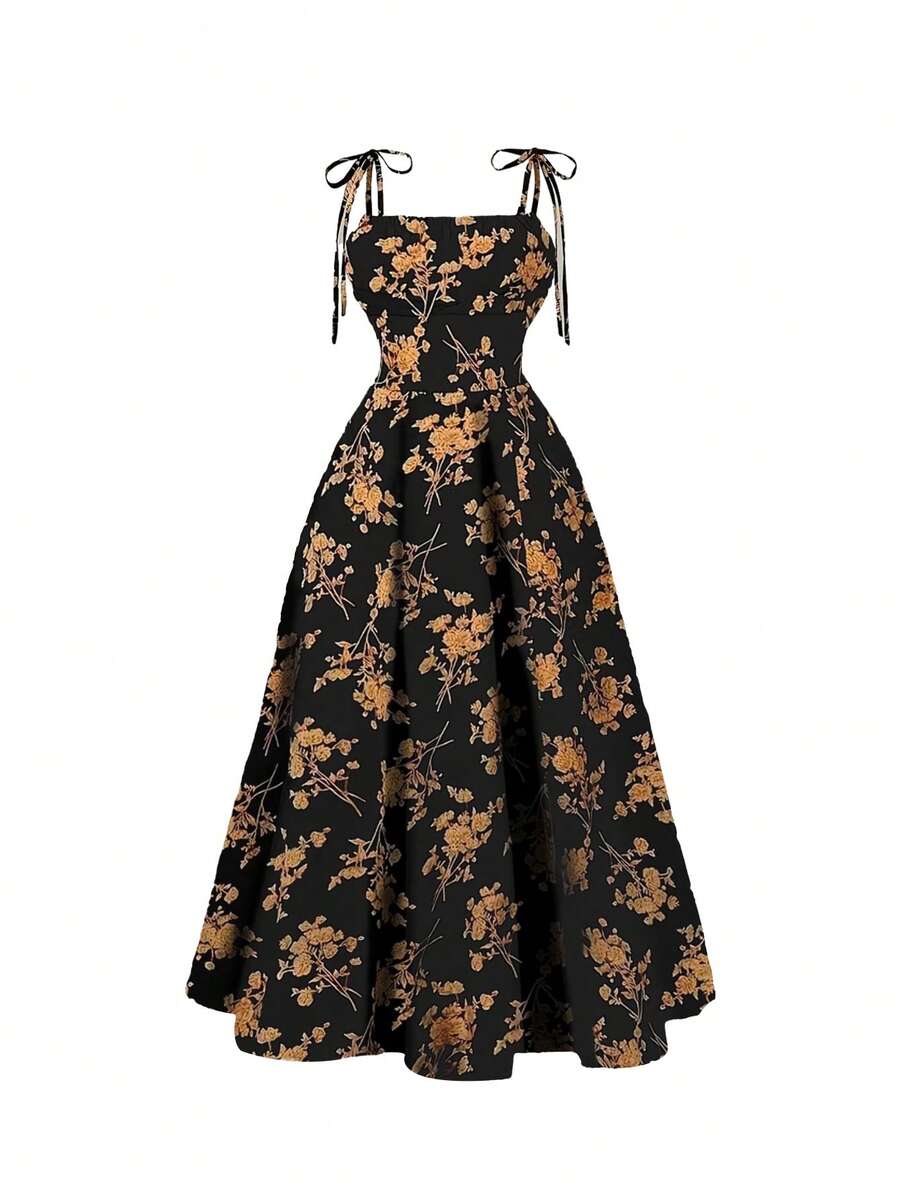 Elegant Y2K Floral Midi Dress For Women - Blue With White Flowers, Off Shoulder Design, Tie-Up Straps, A-Line Silhouette, Polyester, Machine Washable - Perfect For Summer - Màu vàng - Xem 1