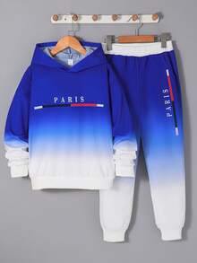 2 pezzi Set di felpa con cappuccio a maniche lunghe e pantaloni con stampa a gradiente, per bambini di 7-11 anni, adatto per sport, casual, attività all'aperto