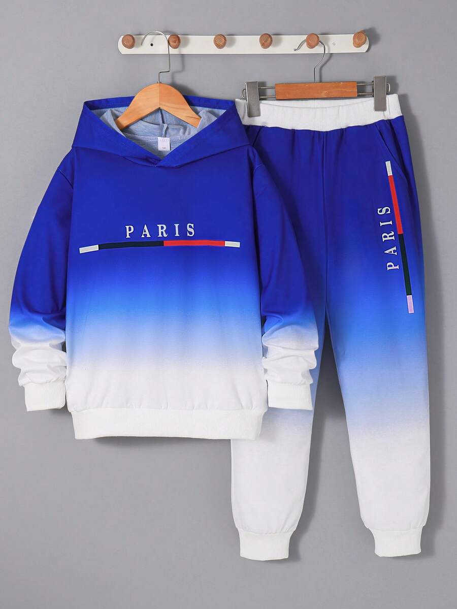 2 pezzi Set di felpa con cappuccio a maniche lunghe e pantaloni con stampa a gradiente, per bambini di 7-11 anni, adatto per sport, casual, attività all'aperto