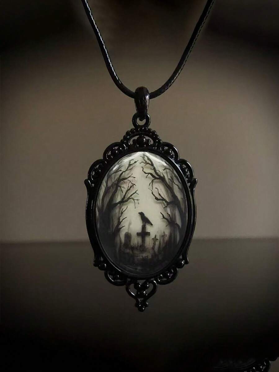 1pc Halloween Gothic Raven Cross Pendant Necklace - Black - View 1