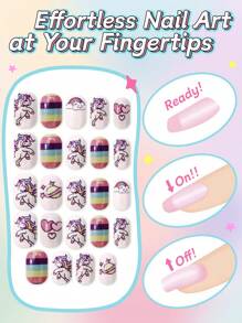 NAIO 24pcs False Nails Kids Girls Press On Short Artificial False Nails Cute Pre Glued Full Coverage Acrylic Nail Tips Set Suitable For Children Little Girls Nail Decoration (Rainbow Unicorn)