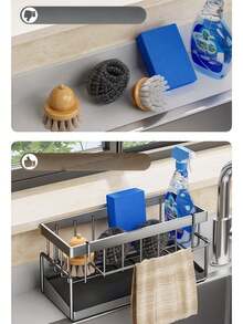 1 Piece Kitchen Sink Organizer With Towel Rack And Auto Drain Tray, Sponge Holder For Kitchen Sink, Kitchen Sink Organizer And Storage Rack, Rust-Proof Carbon Steel Kitchen Gadget Sink Accessories, Kitchen Organizer, Faucet Organizer, Stainless Steel Organizer! Rust-Resistant Stainless Steel Sink Organizer, Freestanding Groove Sponge Mop Cloth Dishrag Holder, Space-Saving No Drill Kitchen Storage Rack - Easy Clean Sink Sink Drain Storage Rack - Multicolor - View 7
