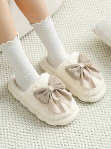 Pantofole da donna con fiocco e pelliccia, nuove per l'autunno/inverno 2025, calde e antiscivolo per interni, con suola spessa, bianche e color cachi