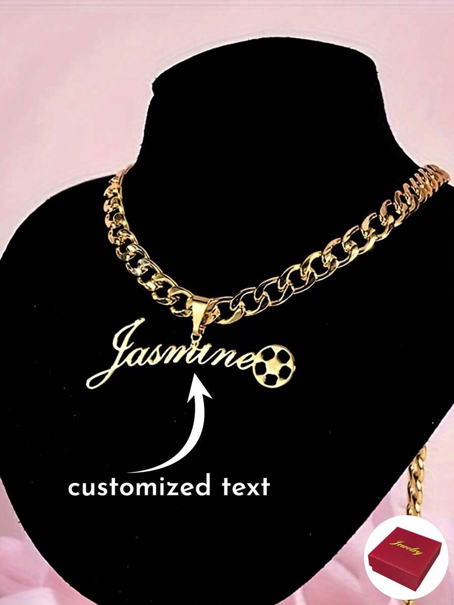 定制手工不锈钢足球皇冠吊坠项链 - 个性化“茉莉花”名字雕刻，金链，足球迷珠宝礼物 - 彩色 - 查看 1