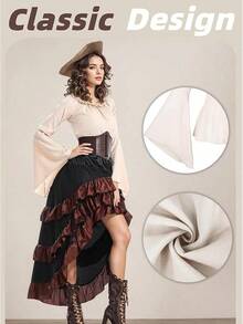 Costume Women Outfit With Renaissance Shirt Skirt Corset Waist Belt Womens Halloween Costumes (White+Red, S) - 米色+棕色 - 查看 5