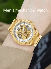 BaGoLee 1pc Men's Mechanical Watch, Hollowed-Out Design Showcasing Mechanical Structure, Self-Winding Accurate Timekeeping, Reliable Waterproof, Comfortable Wear, Versatile For Any Occasion, Suitable For Any Man