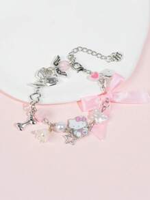Sanrio (Authorized)1pc Sanrio Hello Kitty Bracelet,1pc Pink Bowknot Hello Kitty Pendant Silvery Chain Bracelet,Suitable For Woman Daily Wear