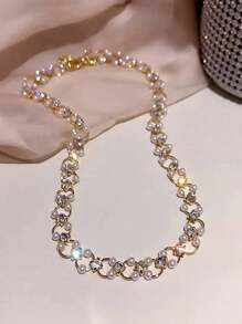 1 pieza Elegante collar corto con cuentas de perlas francesas y circonita para mujeres