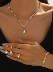 5 pièces/set Collier de mariée, boucles d'oreilles, bracelet, bague Ensemble de bijoux floraux, accessoires élégants de style de rue pour femmes, cadeau