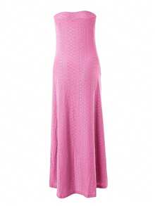 Elegant Sleeveless Off Shoulder Dress, Hollowed Out Embroidered Slit Wrap Dress, Women's Dress - 玫紅色 - 查看 3