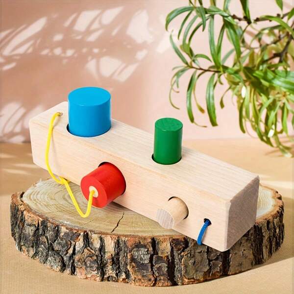Infant & Toddler Column Position Matching Building Blocks With Lacing Cord, Baby Coordination Training Educational Wooden Toys