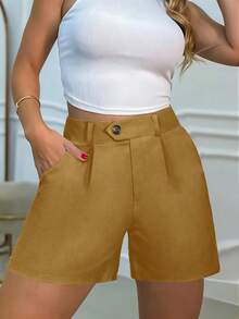 Shorts femininos elegantes e casuais de verão, cor sólida, pernas largas, cintura alta, azul-marinho, cintura marcada, bolso lateral com botões, shorts casuais versáteis, adequados para uso diário, deslocamento, atividades ao ar livre e feriados - Marrom - Ver 3