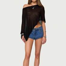 Summer Irregular Knitted Cover-Ups Crop Tops Mesh Poncho Womens Sheer Poncho Shrug Bolero Lightweight Summer Shrug Pullover Sweater Y2k Aesthetic Vintage Boho Beach Vacation Going Out Clothes - 黑色 - 查看 2