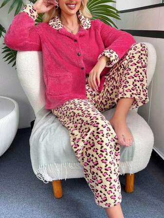 2pcs Women Autumn/Winter Sleepwear Set, Leopard Print Feeling Fluffy Pajamas Fleece Thicker Home Slouchy Clothes Soft Loungewear Suits, Cozy