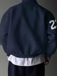 Men's Fashion Simple Paris Letter Graphic Decoration Half-Zip Stand Collar Sweatshirt Minimalist Numeric Print Sleeve Decor, Soft & Comfortable For All Seasons , Fall