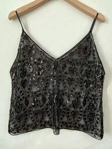 Women Y2K Sequin Cami Top Deep V Neck Mesh Crop Tops See Through Straps Tank Cute Sparkle Backless Low Cut Summer Crop Tops - 黑色 - 查看 2