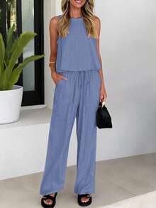 女士夏季亚麻两件套西装，无袖上衣和带口袋的松紧腰裤，时尚休闲套装适合休闲旅行和日常通勤 - 藏蓝色 - 查看 5