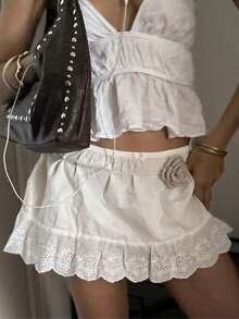 Women Y2K Eyelet Lace Floral Mini Skirt Low Rise Elastic Waist Summer Casual A Line Fairycore Short Skirts Underskirts - 白色 - 查看 5