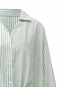Camisa feminina casual de férias listrada patchwork de algodão bainha dobrada punho frontal costas curtas estilo longo manga comprida, primavera/verão - Verde - Ver 6
