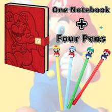 SuperMario 5pcs/Set Learning Notebook, Diary Book With Neutral Pens, Creative Cartoon Character Design, Portable For Daily Office And Study, Suitable For Business, School, Office Writing, Party Gift, Painting Tool, Notebook Pen Set Delicate Gift School Supplies,Back To School