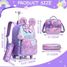 3 件可爱纸盒滚轮背包，适合女孩，适合小学，背包带午餐袋和笔袋，是送给女孩的最佳开学礼物