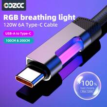 OOZCC Cabo de Carregamento RGB Oozcc: Cabo de Carregamento USB Tipo C de 120W 6A com Luz Ambiente RGB
