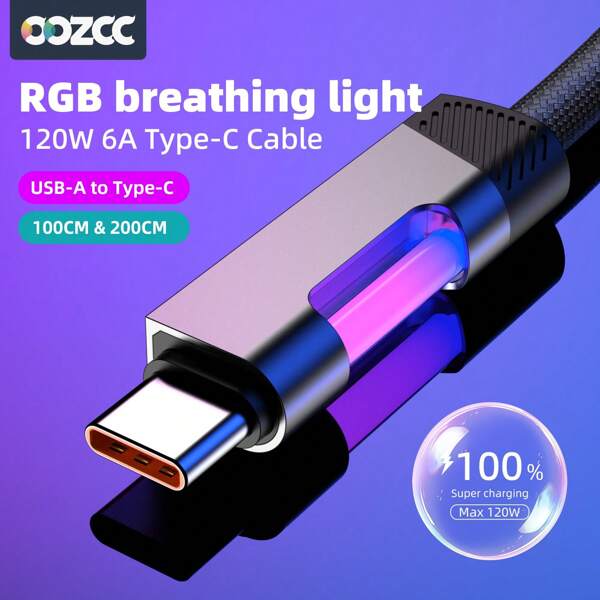 OOZCC Cabo de Carregamento RGB Oozcc: Cabo de Carregamento USB Tipo C de 120W 6A com Luz Ambiente RGB
