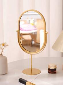 1 pieza Espejo de maquillaje ovalado giratorio 360°, con marco de metal, sin batería, adecuado para dormitorio, dormitorio, espejo cosmético portátil de una sola cara. Diseño elegante/Decoración del dormitorio