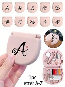 1个蓝色缝纫工具盒，金色三花字母图案，金色A-Z字母图案，缝纫初学者完美礼物：1套便携式迷你缝纫工具包 - 可折叠，DIY缝纫用品和配件，适合旅行者和应急衣物收纳，迷你针盒，便携式小型针包，缝纫工具组合套装，适合酒店、宿舍、学校必备