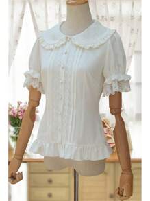 Women's Sweet Shirt Short Puff Sleeve Flower Embroidered Collar White Ruffle Blouse, Large Plus