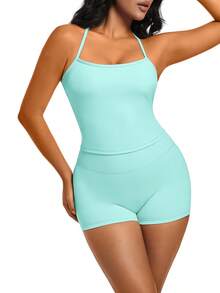 1 Pack Summer Women's Open Back Tracksuit Set Camisole Top High Waist Yoga Shorts Quick Dry Set Is Suitable For Holidays, Travel Work, Sports Wear - Màu xanh ngọc - Xem 3