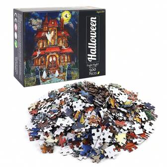 500 片成人恐怖夜万圣节拼图，恐怖城堡与鬼魂惊悚片，艺术万圣节家庭聚会节日装饰