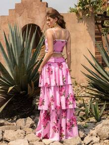 Faeriesty BohoBloom 波西米亚风女士两件套：荷叶边吊带背心和多层长裙 - 适合海滩度假、周末休闲、野餐、夏日漫步 - 西瓜粉 - 查看 2