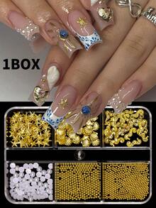 1 Hộp Phụ kiện trang trí móng tay 3D hình đại dương mùa hè - Sao biển, Vỏ sò, Cá ngựa, Đinh tán kim loại, Ngọc trai trắng phẳng & Đá quý vàng - Trang trí móng tay nàng tiên cá DIY Phụ kiện làm móng Đá quý làm móng - Nhiều màu - Xem 12