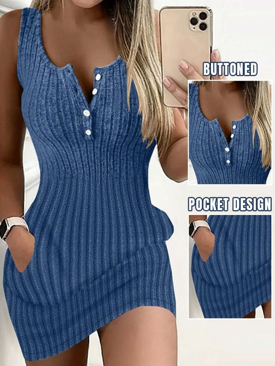Vestido minifalda con botones al frente, textura acanalada y sin mangas, de color liso y casual - Azul oscuro - Ver 1