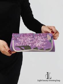 1 件紫色亮片 3D 刺绣花卉手拿包，复古优雅闪亮串珠弧形翻盖女士手提包，带金属饰边，可拆卸链条肩带，适合婚礼、派对、节日、舞会、庆典、夜店、女士礼物、生日礼物、零钱包 - 紫色 - 查看 3