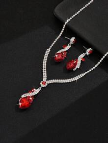 3件套女士首饰套装：项链、耳环，适合派对、新娘、婚礼、情人节等场合佩戴 - 紅色 - 查看 4