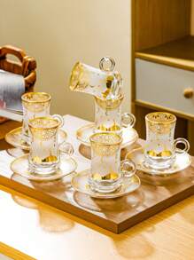 1 Set, Juego de Taza de Té Turca, Tazas de Té Marroquíes Chapadas en Oro, Juego de Vajilla Árabe Elegante - Incluye 6 Tazas y 6 Platillos, Apropiado para Fiestas y Té de la Tarde