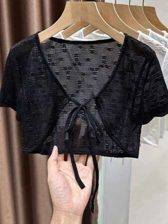 1 pieza Cárdigan de kimono de mujer con encaje floral sólido, chal corto y ligero de estilo bohemio para el verano, adecuado para combinar con vestidos de verano y atuendos de playa