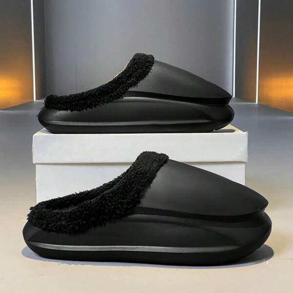 Zapatillas de hombre cómodas, forradas de felpa cálida con suela antideslizante gruesa para uso interior y exterior, zapatos de casa de unicolor de moda casual, sandalias de pareja, zapatillas casuales unisex de playa negras para el hogar, gimnasio, oficina, otoño/invierno