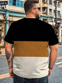 ملابس علوية تي شيرت رجالي صيفي بحجم كبير مع تصميم ألوان متباينة، ملابس علوية تي شيرت صيفي رياضي كاجوال مريح وصديق للبشرة، مناسب للشاطئ والعطلات، بأكمام قصيرة وياقة دائرية لرجال البدناء