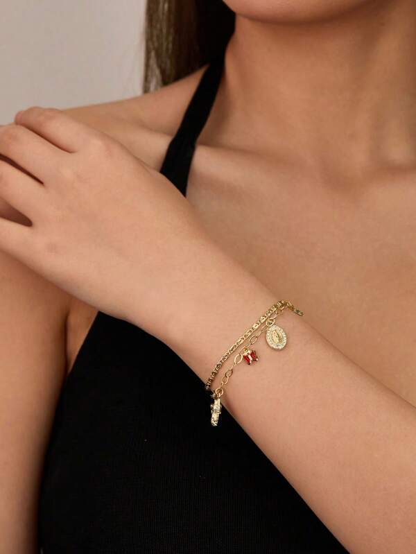 1 Peça Estilo Europeu & Americano Simples Dourado Sagrado Clássico Cruz Virgem Maria Cubic Zircônia Colorido Cristal Forma de Borboleta Tag Pulseira, Presente Ideal para Amantes, Amigos e Parentes, Uso Diário e Festivo Oração Dia dos Namorados
