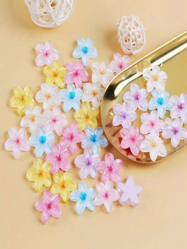 1 paquete de 10 pinzas para el cabello con flores de 5 pétalos transparentes surtidas, gomas para el cabello, estuche de teléfono de gel crema, imanes de nevera, materiales de decoración DIY